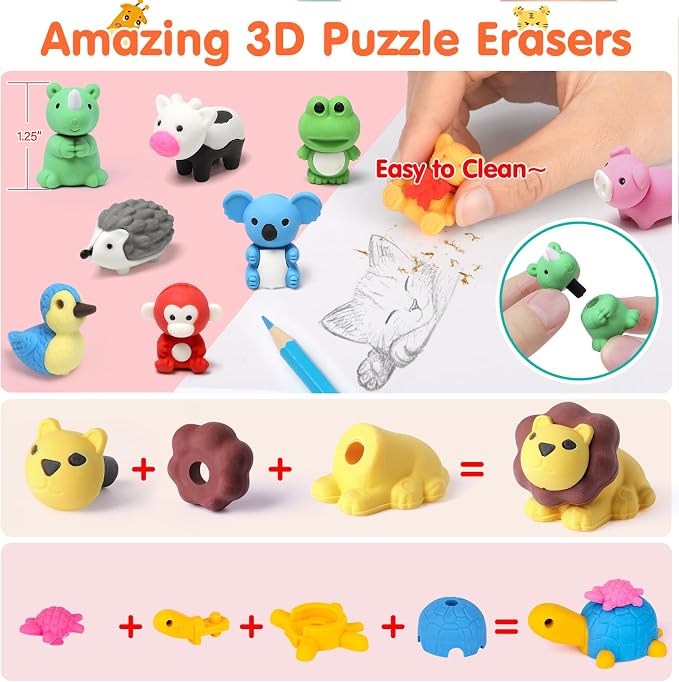 Moosia 34 Pack Animal Pencil Erasers - Image 4