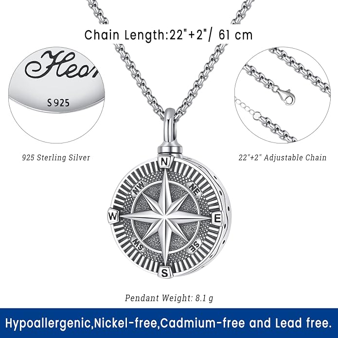 Compass Necklace for Women Men 925 Sterling Silver Pendant Urn Necklaces for - Image 4