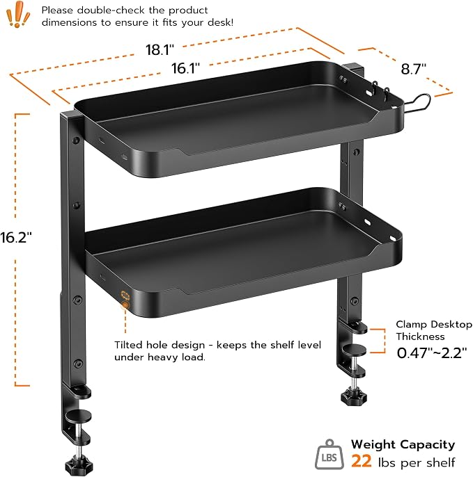 ARES WING 2-Tier Clamp On Desk Shelf, 16 inch Adjustable Above or Under Desk - Image 2