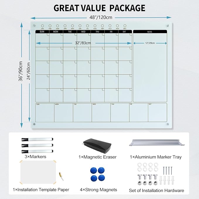 Magnetic Glass Whiteboard Calendar 48"x36" Glass Dry Erase Calender Board - Image 5