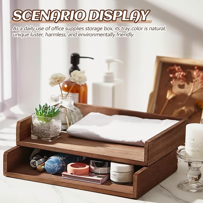 Yeaqee 4 Pcs Stackable Paper Organizer Tray Wood Desk Organizer Letter Tray - Image 5