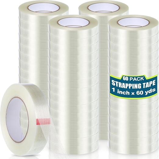 Treela 60 Rolls 1 Inch x 60 Yards Filament Strapping Tape 5.5 Mil Transparent by Treela