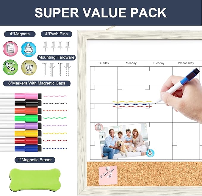 Calendar Whiteboard for Wall, 18x24 Inches Whiteboard Calendar Cork Board Combo - Image 5