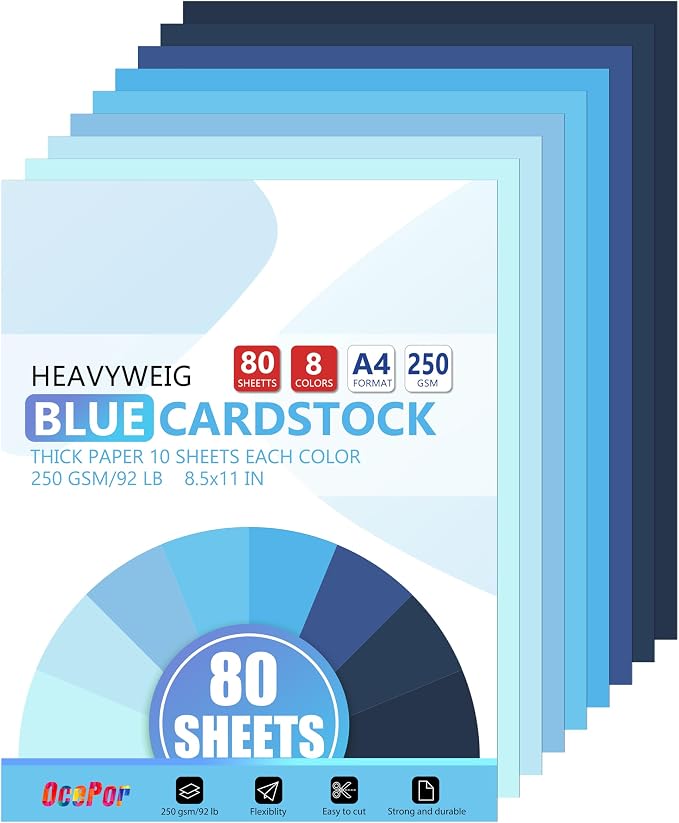 OcePor 80 Sheets Blue Cardstock Paper, Colored Printer Paper 8.5 x 11, Thick by OcePor