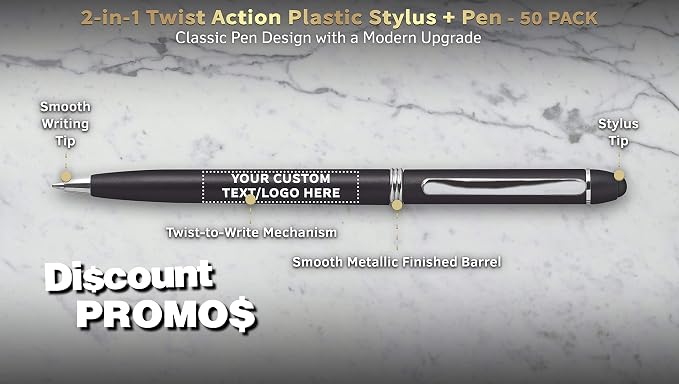 DISCOUNT PROMOS Custom Twist Action Plastic Stylus Pens, Personalized Bulk Pack - Image 3