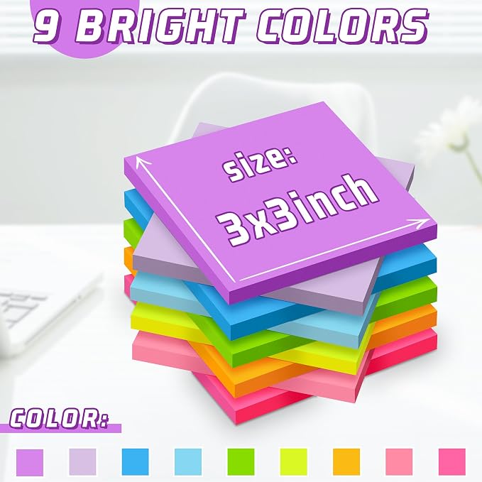 Sticky Notes 3x3 in Post, 9 Bright Colors Self-Stick Note Pads it, Strong - Image 2