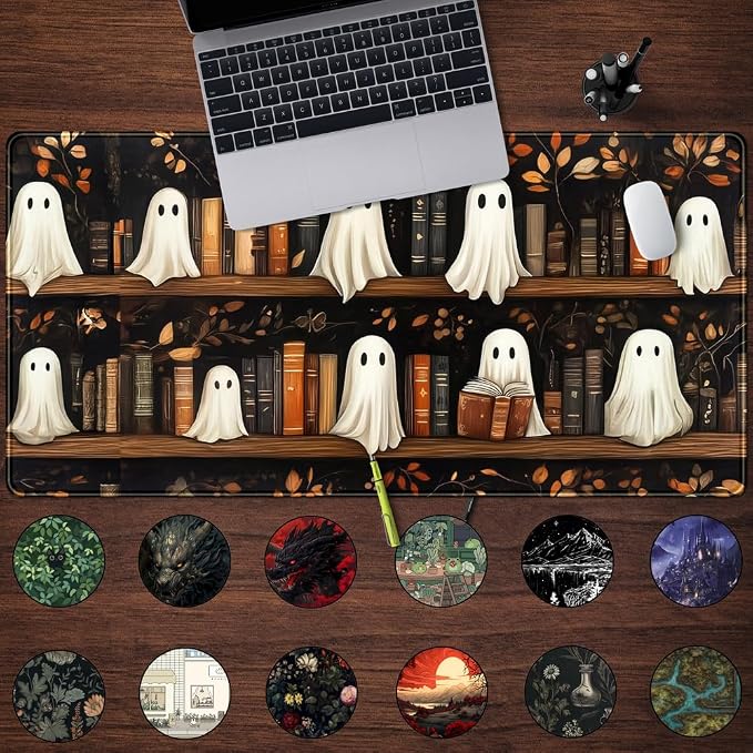 Cute Ghost Desk Mat Bookish Desk Pad XXL Mouse Keyboard Pad, Dark Academia Desk - Image 2