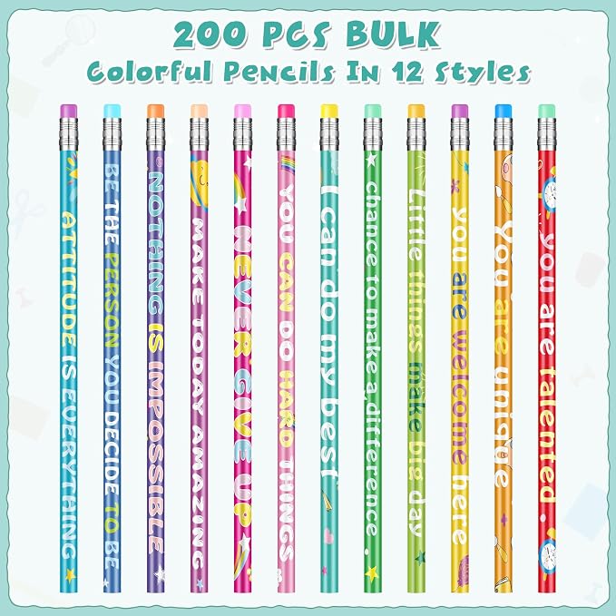 200 Pcs Motivational Pencils Bulk, Rainbow Inspirational School Pencils - Image 2