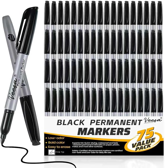 Permanent Markers 75 Pack, Waterproof | Quick Drying | Fade Resistant, Fine Tip by VEESA