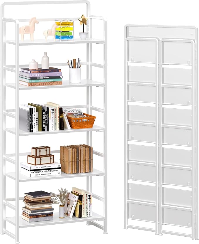 4NM No Assembly 5 Tiers Folding Bookshelf Storage Shelves Vintage Bookcase by 4NM