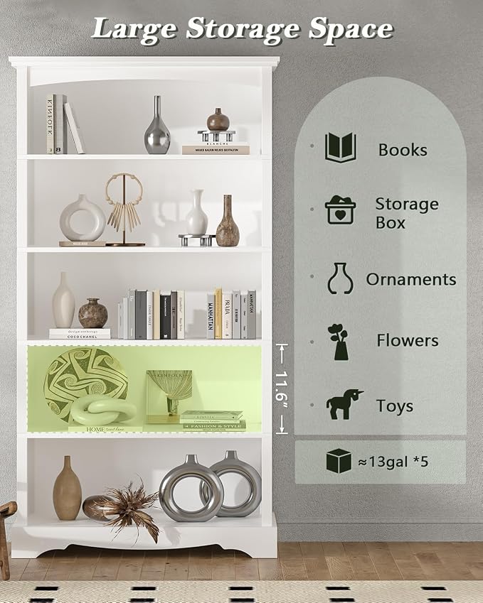 TVU 5-Tier Wooden Bookshelf, 65 Inch Tall Bookshelf - Image 4
