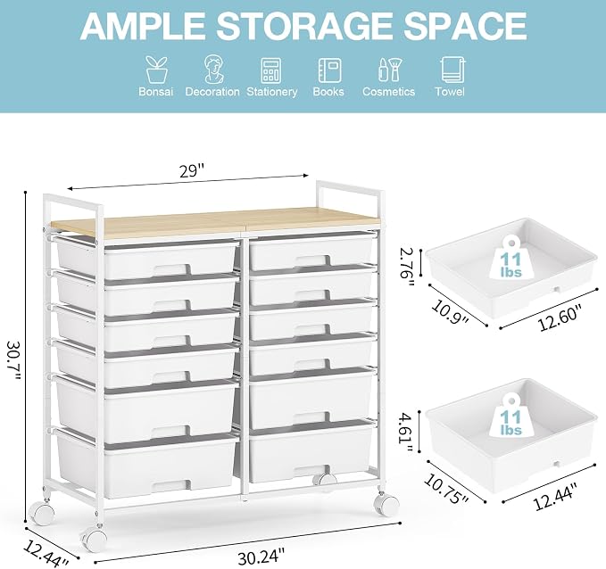 Rolling Storage Cart with 12 Drawers, Wooden Tabletop Utility Cart - Image 3