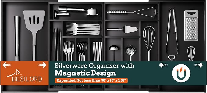 Silverware Organizer Large, Magnetic Connected Expandable 13 Slots Silverware by Besilord