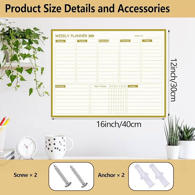 Gold Weekly Dry Erase Board for Wall, Small Magnetic Dry Erase Weekly Calendar - Image 4