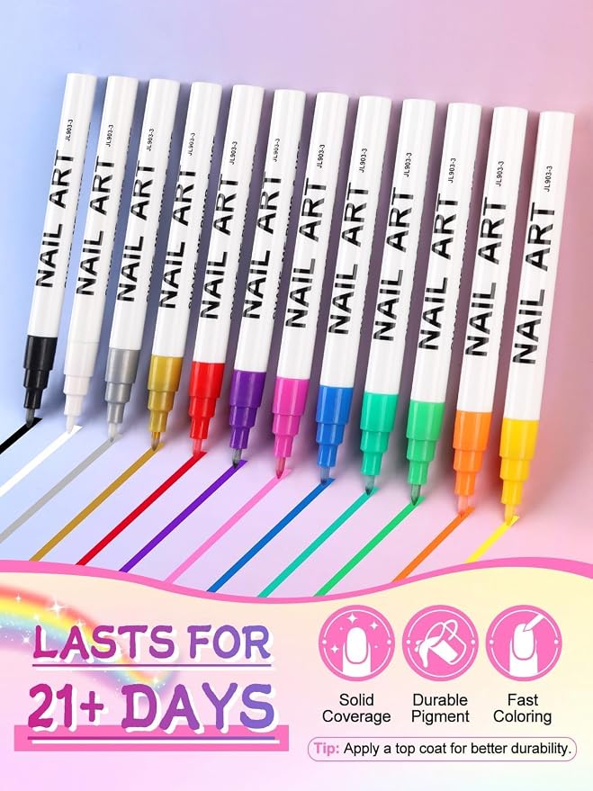 EBANKU 12 Colors Nail Art Pens Set, 3D Nail Polish Pens Acrylic Paint Pens Nail - Image 3