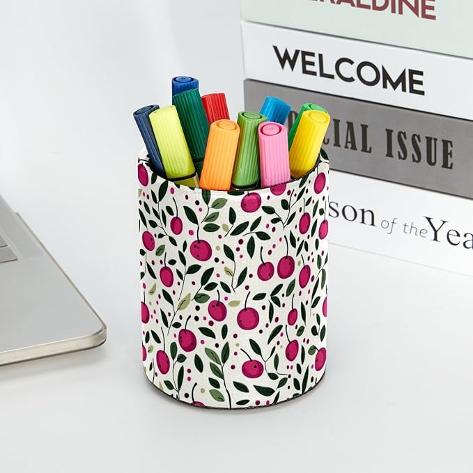 Leather Pen Holder for Desk, Cherry Pattern Pencil Cup Desktop Organizer Makeup - Image 5