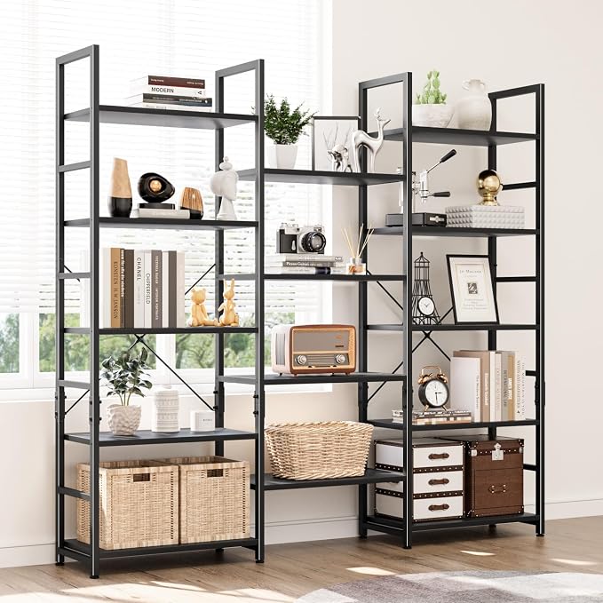NUMENN Triple Wide 5 Tier Bookshelf, Rustic Industrial Style Bookcases and - Image 2
