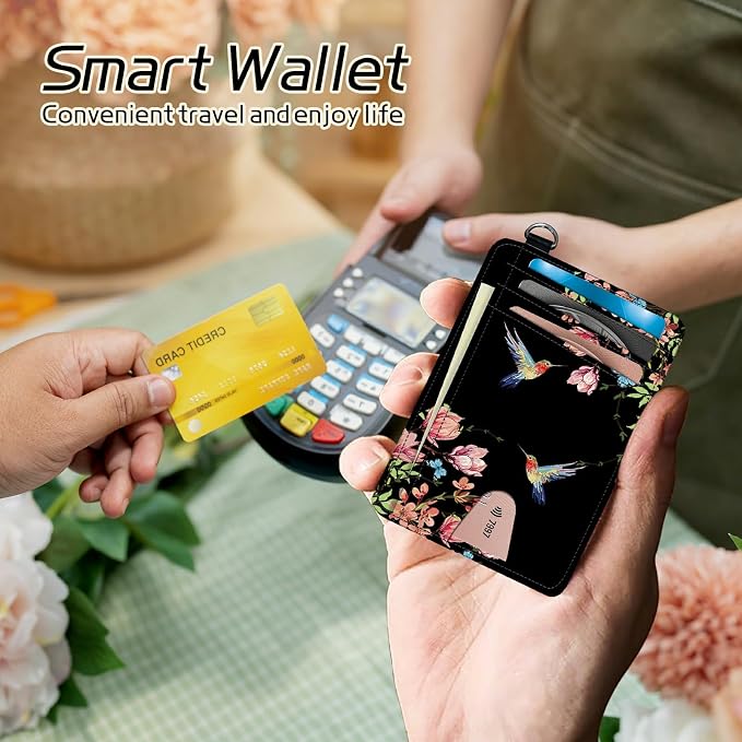 BWEGRHE Small Travel Wallets, Hummingbird Floral Sakura Slim Minimalist Front - Image 4