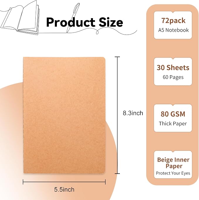 72 Pack Blank Kraft Notebooks, 8.3x5.5 Inches A5 Small Journals Bulk Blank - Image 2