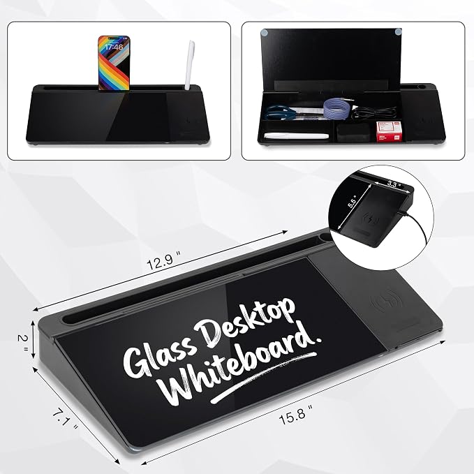 Glass Desktop Whiteboard with Wireless Charger & Storage, Desk Dry Erase Note - Image 3
