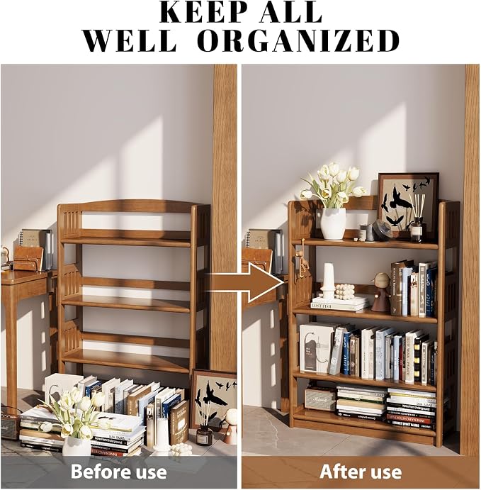 AnywaysWood 4 Tier Solid Wood Open Shelf Bookcase, Modern Wooden Display - Image 7