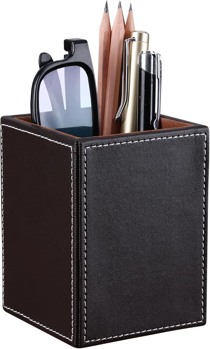 KINGFOM PU Leather Square Pens Pencils Holder Cup Desktop Stationery Organizer by KingfomLeatherHomeOfficeDecor