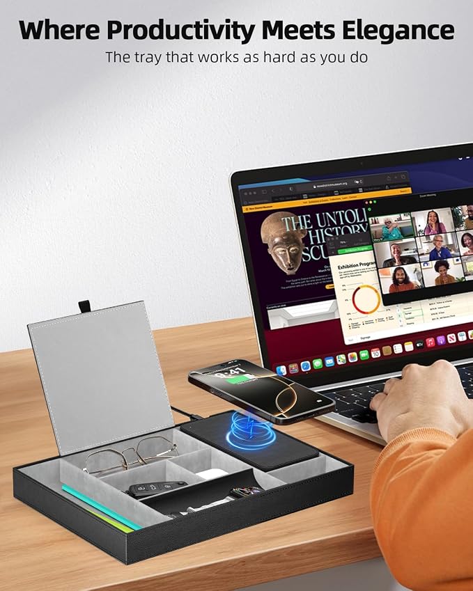 Valet Tray with Wireless Charger, Nightstand Organizer, Leather Desk Drawer - Image 3