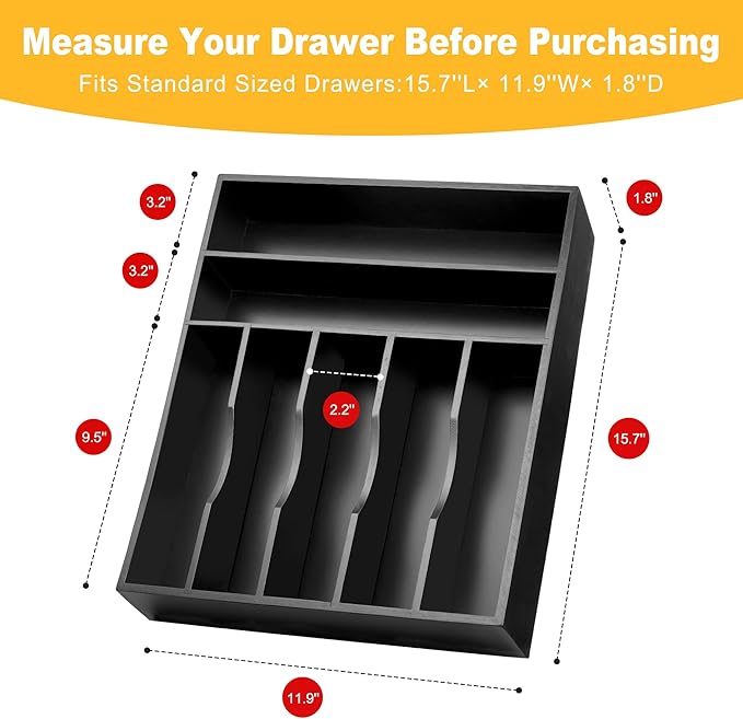 oridom Kitchen Bamboo Silverware Organizer, Kitchen Drawer Organizer - Image 3