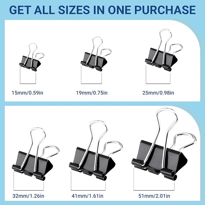 208 PCS Binder Clips Assorted Sizes – 0.6"-2" Black Metal Paper Clamps - Image 4