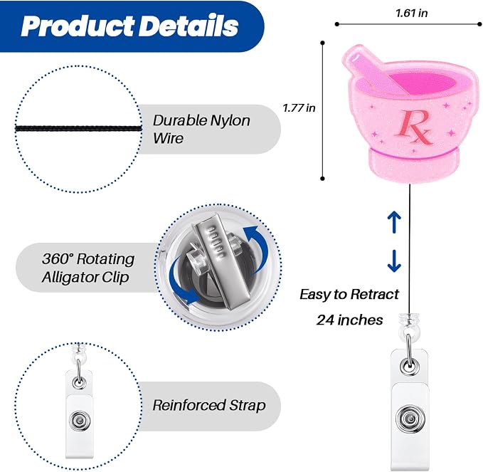 Funny Pink RX Nurse Badge Reel, Cute Pharmacy Tech Mortar and Pestle - Image 2