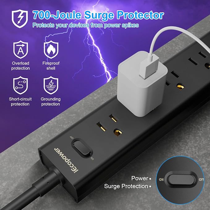 2 Pack Power Strip Surge Protector-5 Widely Spaced Outlets 3 USB Ports - Image 5