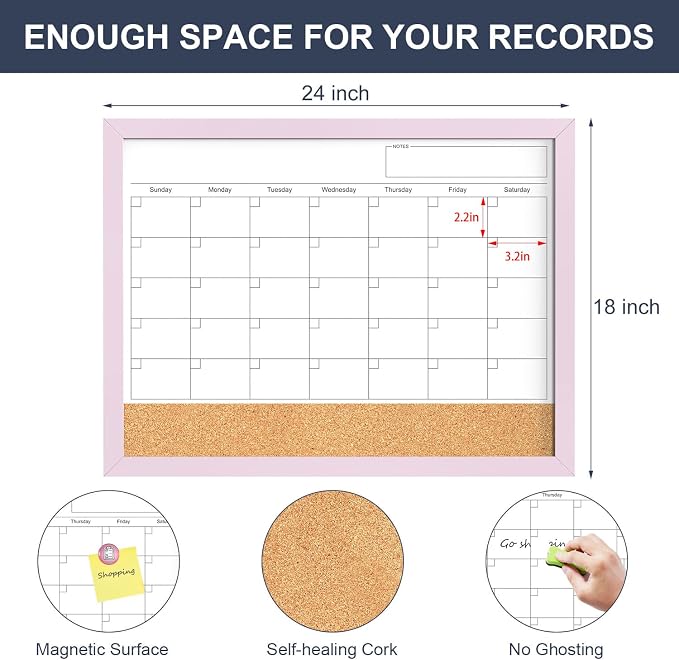 Dry Erase Calendar Cork Board Combo, 18x24 Inches Calendar Whiteboard - Image 4