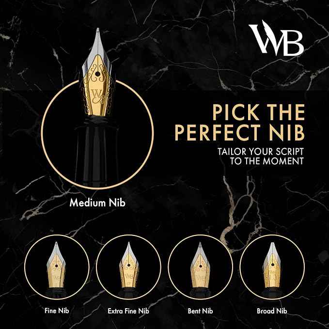 Wordsworth & Black Fountain Pen Set, 18K Gilded Medium Nib, Includes 24 Pack