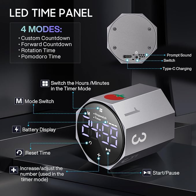 Digital Pomodoro Timer, Frosted Metal Productivity Cube Timer, 1.8 in LED - Image 7