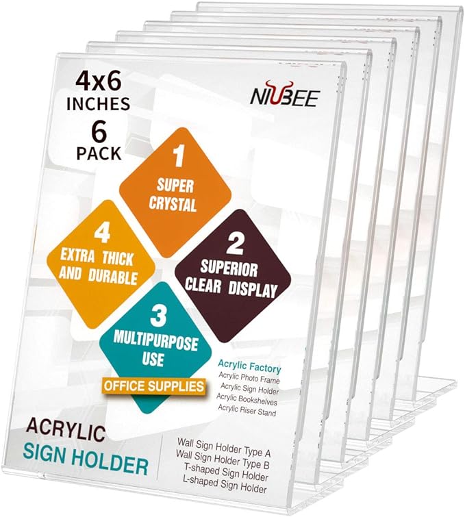 NIUBEE 6Pack Slant Back Acrylic Sign Holder 4x6 inches, Desktop Flyer Holder by NIUBEE