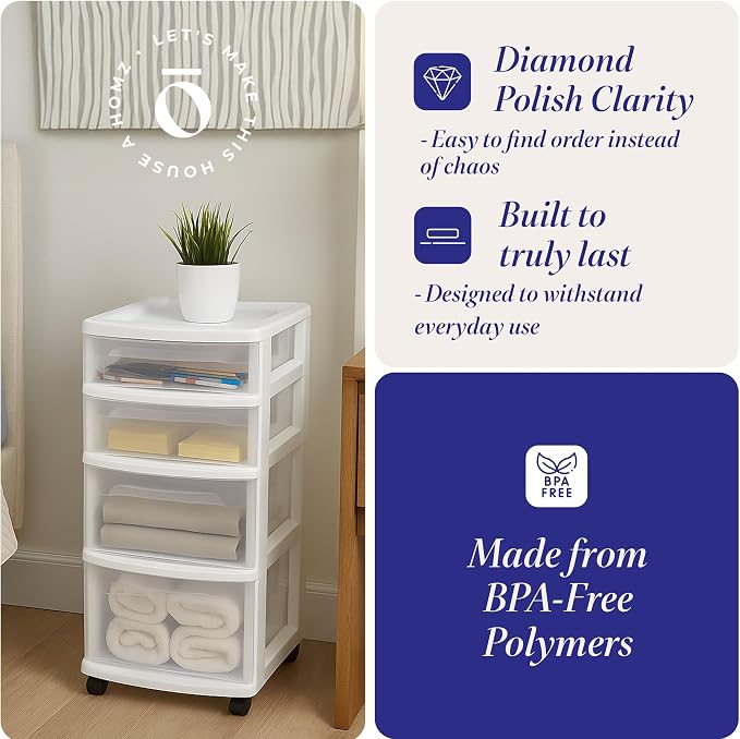 HOMZ Drawer Tower, 4-Tier Clear Plastic Storage Organizer Cart, and Classroom - Image 5