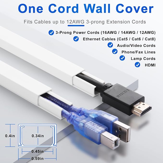 Cord Hider Wall for One Cord, 136in Cord Covers for Wires on Wall, Easy Install - Image 2
