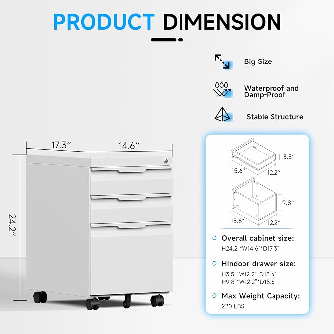 Bestoo 3-Drawer Mobile File Cabinet - Image 3