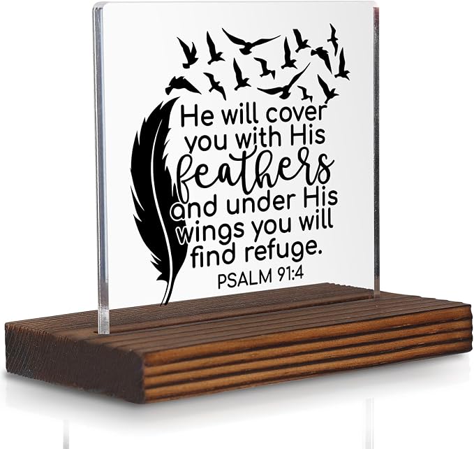 Christian Bible Verse Desk Sign, Psalm 91:4 Feather Wings Inspirational by Pariveca