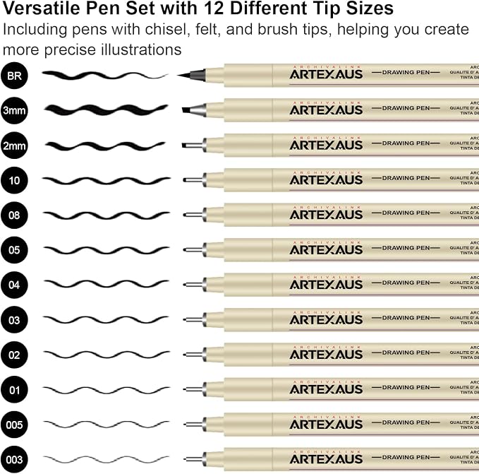 Micro Fineliner Drawing Art Pens, 12 Assorted Sizes, Waterproof Archival Ink - Image 3