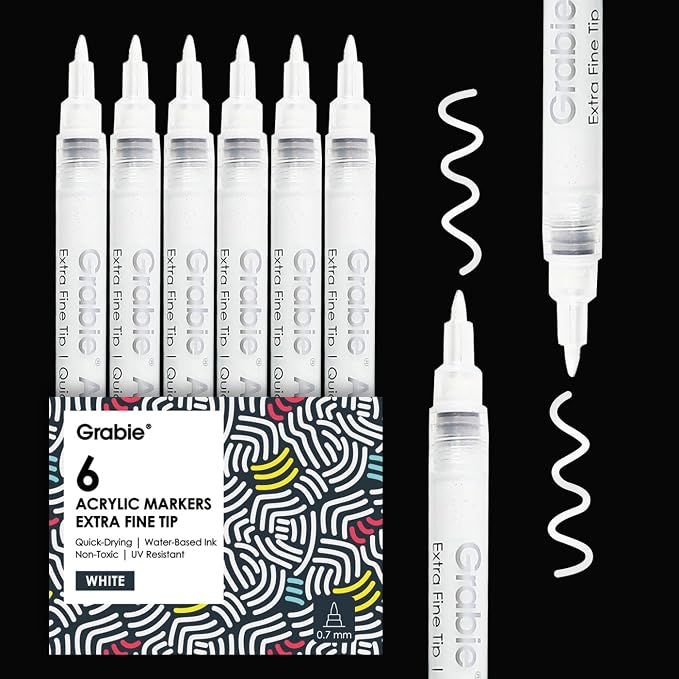 Grabie 6 White Extra Fine Tip Acrylic Paint Marker Set, 6 Pack, 0.7mm Acrylic by Grabie