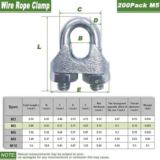 200PCS M5 Heavy Duty Wire Rope Clamps, 3/16-Inch Zinc Plated Wire Cable Clamps - Image 2