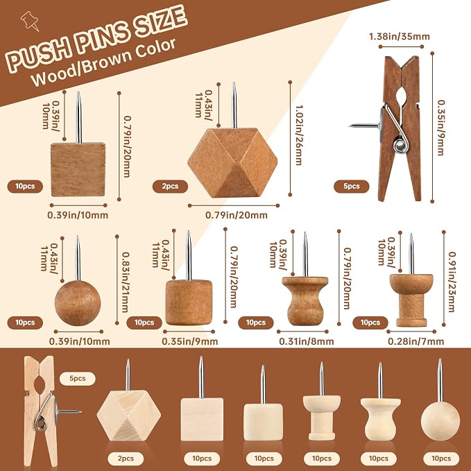 GOOLADA 114Pcs Decorative Push Pins in 7 Types and 2 Colors Wooden Push Pins - Image 2