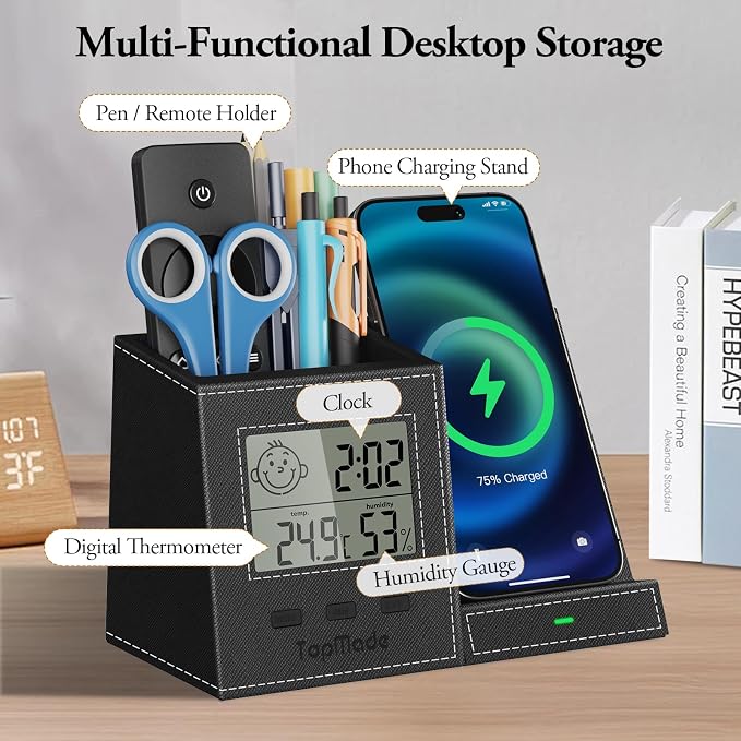 TopMade Wireless Charger with Pen Holder, Leather Desk Nightstand Organizer - Image 2