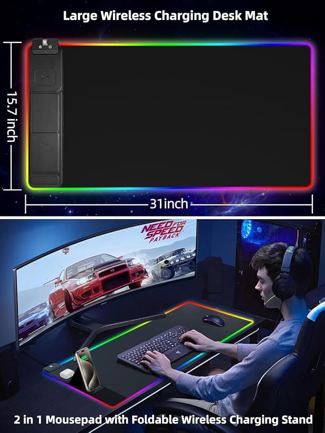 XXL Mouse Pad with Phone Holder, RGB Desk Mat with 15W Fast Charging, LED Large - Image 2