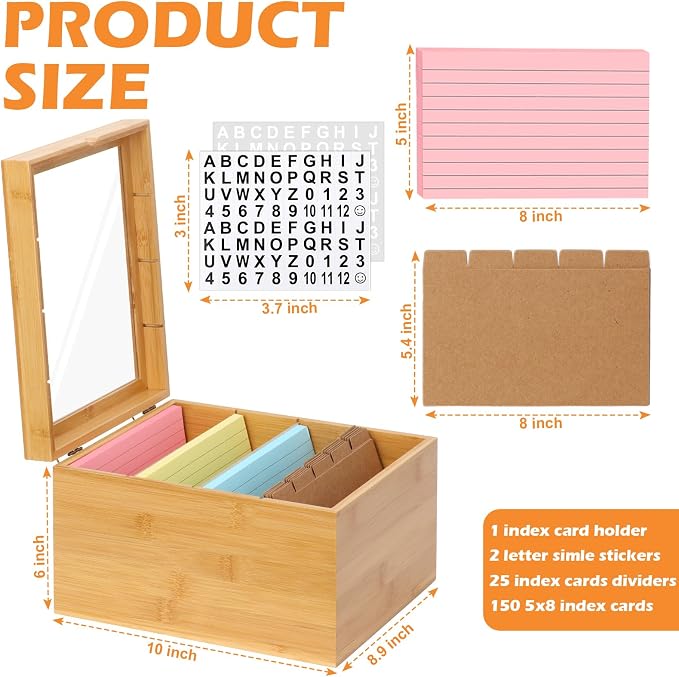 5x8 Index Card Holder with Dividers Bamboo Index Card Storage Box 4 - Image 2