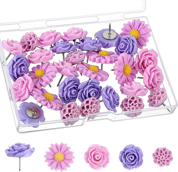 XLIUAX 40Pcs Flower Push Pins, Rose Thumb Tacks Cute Pink Thumbtacks - Image 8