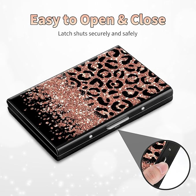 BWEGRHE Slim Credit Card Holder, Leopard Glitter RFID Blocking Metal Wallet - Image 6