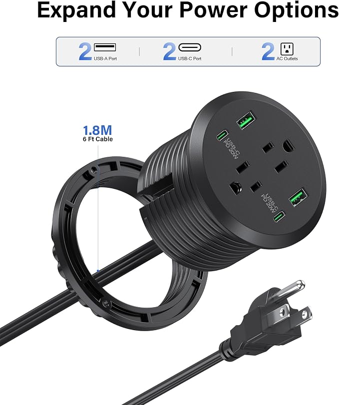 Desktop Power Grommet 3-inch Hole, 40W Total Fast Charging Station, 2 PD 20W - Image 7
