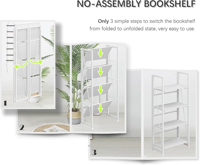 4NM No Assembly Folding Bookshelf Storage Shelves 4 Tiers Vintage Bookcase - Image 6